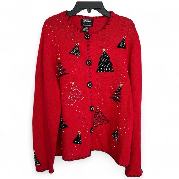 Designers Originals Studio Sweater FaLaLa Size XL Red Bead Christmas Tree - Picture 9 of 15